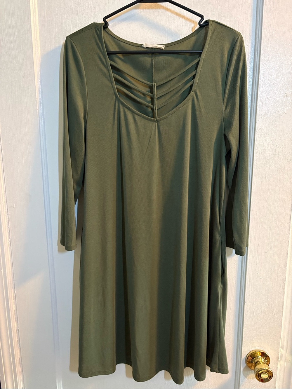 entro Olive Green Long Sleeve Swing Dress with Ladder Back Detail